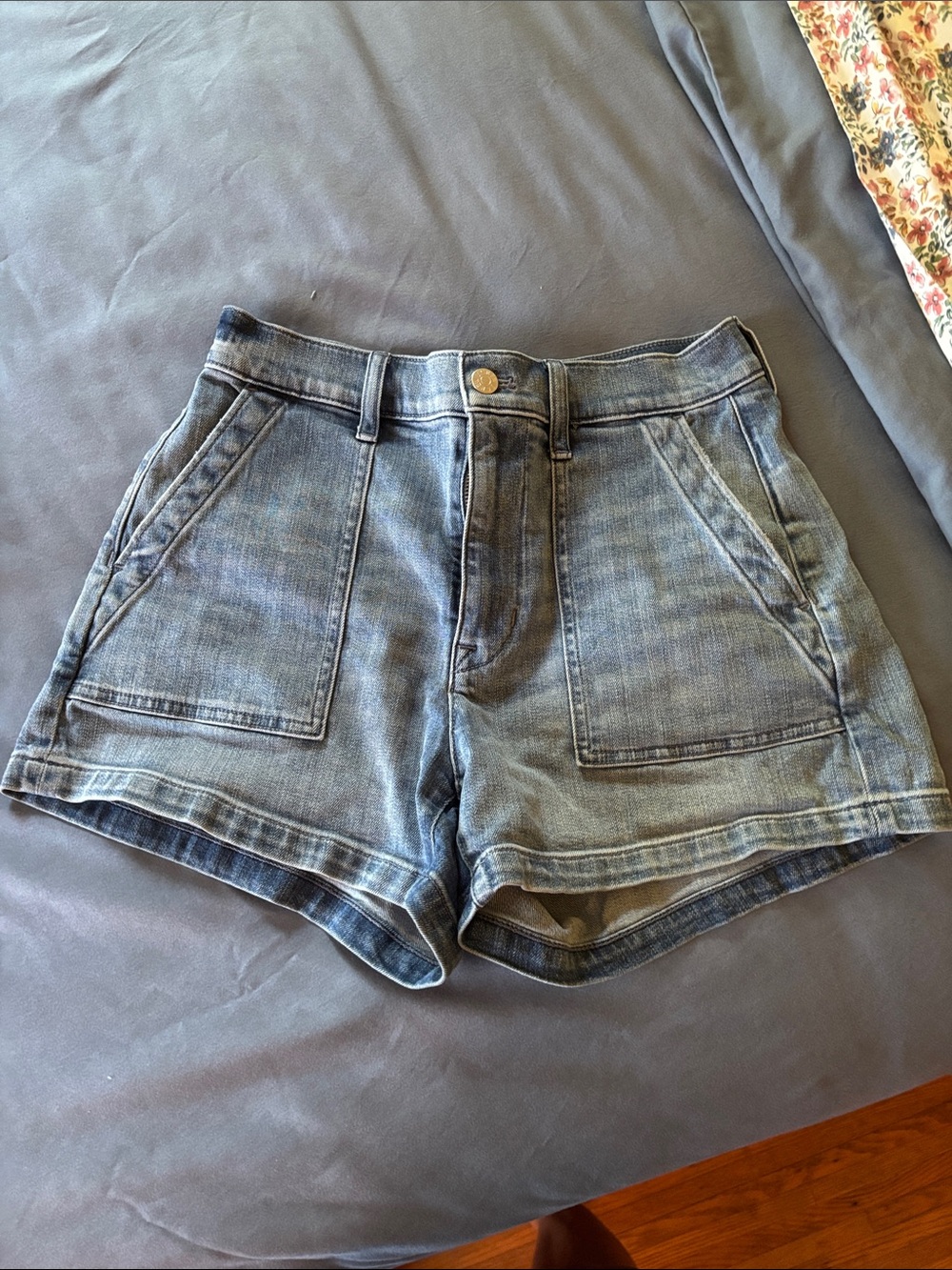 J. Crew Factory Faded Light Blue Denim High-Rise Patch-Pocket Shorts